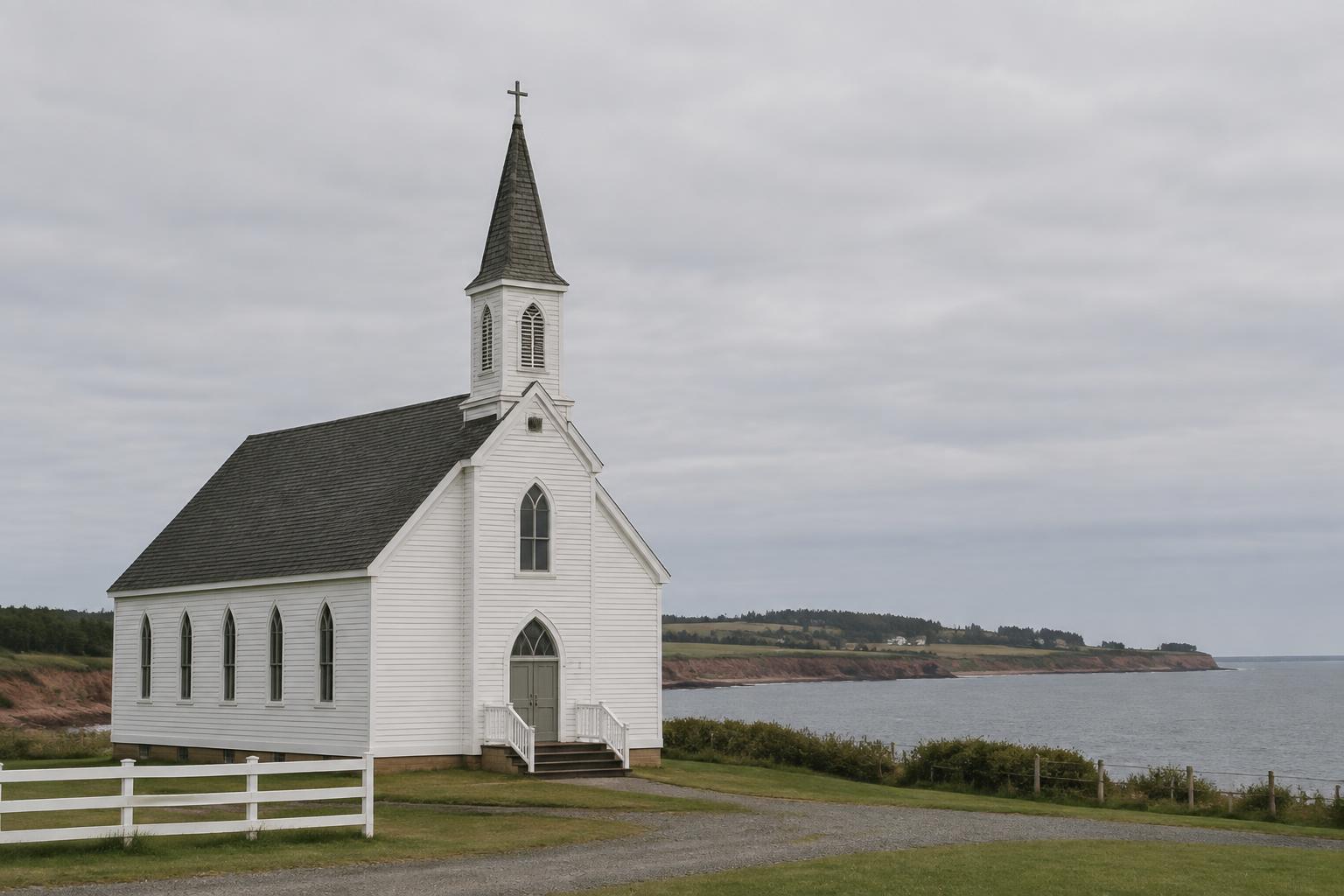 A small white heritage church with a steeple beside the Prince Edward Island shoreline